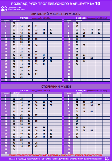 расписание маршрута №10 в Днепре / фото: Днепрэлектротранспорт