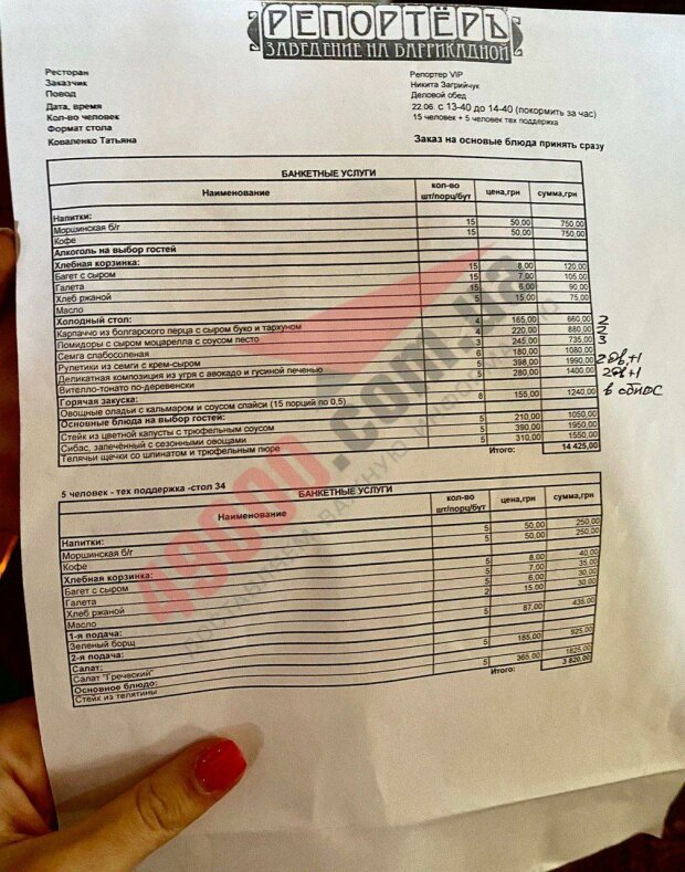 Чек за банкет для "Слуг народа"/ фото: 49000.com.ua