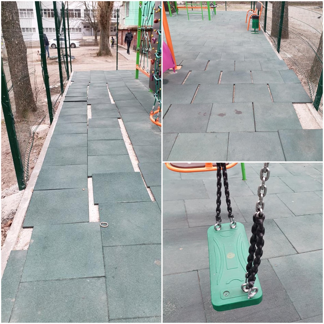 Съехавшая плитка и поломанные качели/ фото: fb Ольги Худой