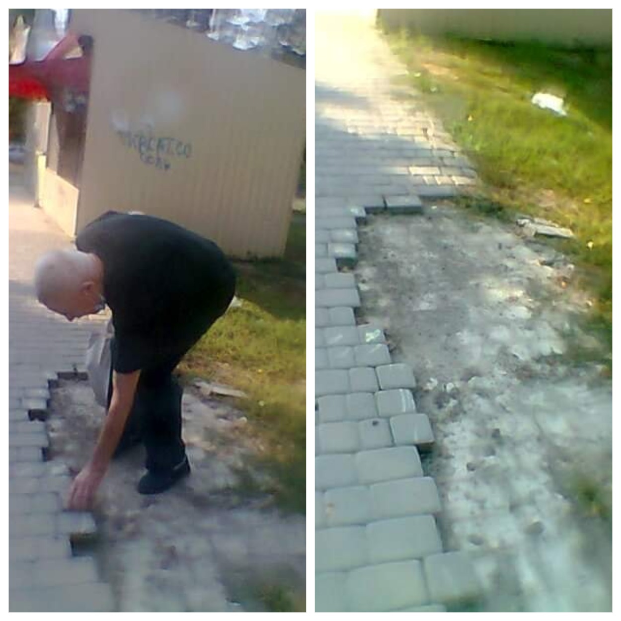 Мужичина на Тполе по камушку разбирает тротуар/ фото: fb Владимира Бондаренко