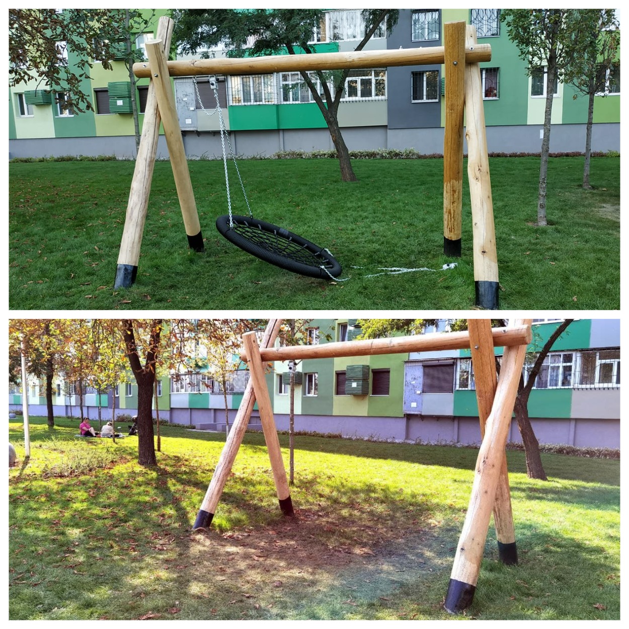 Сломанная качель в сквере на Слобожанском проспекте/ фото: fb Liubov Iefimova (группа Райончик), Светлана Юрченко