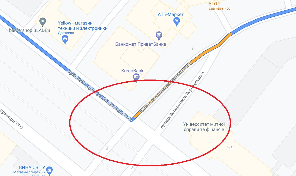 Перекресток проспекта Яворницкого и улицы Вернадского/ фото: googlemaps.com
