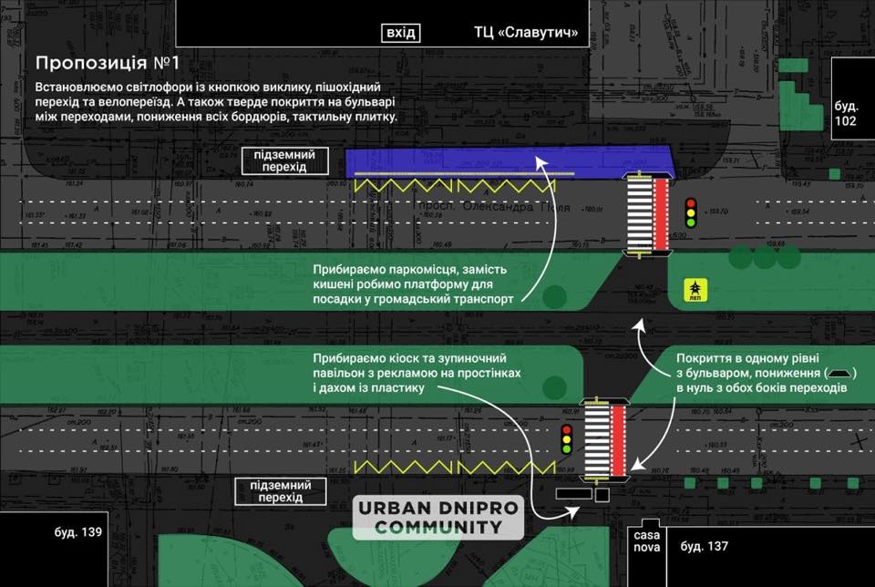 Схема будущего пешеходного перехода на проспекте Поля/ фото: fb Mykhailo Lysenko