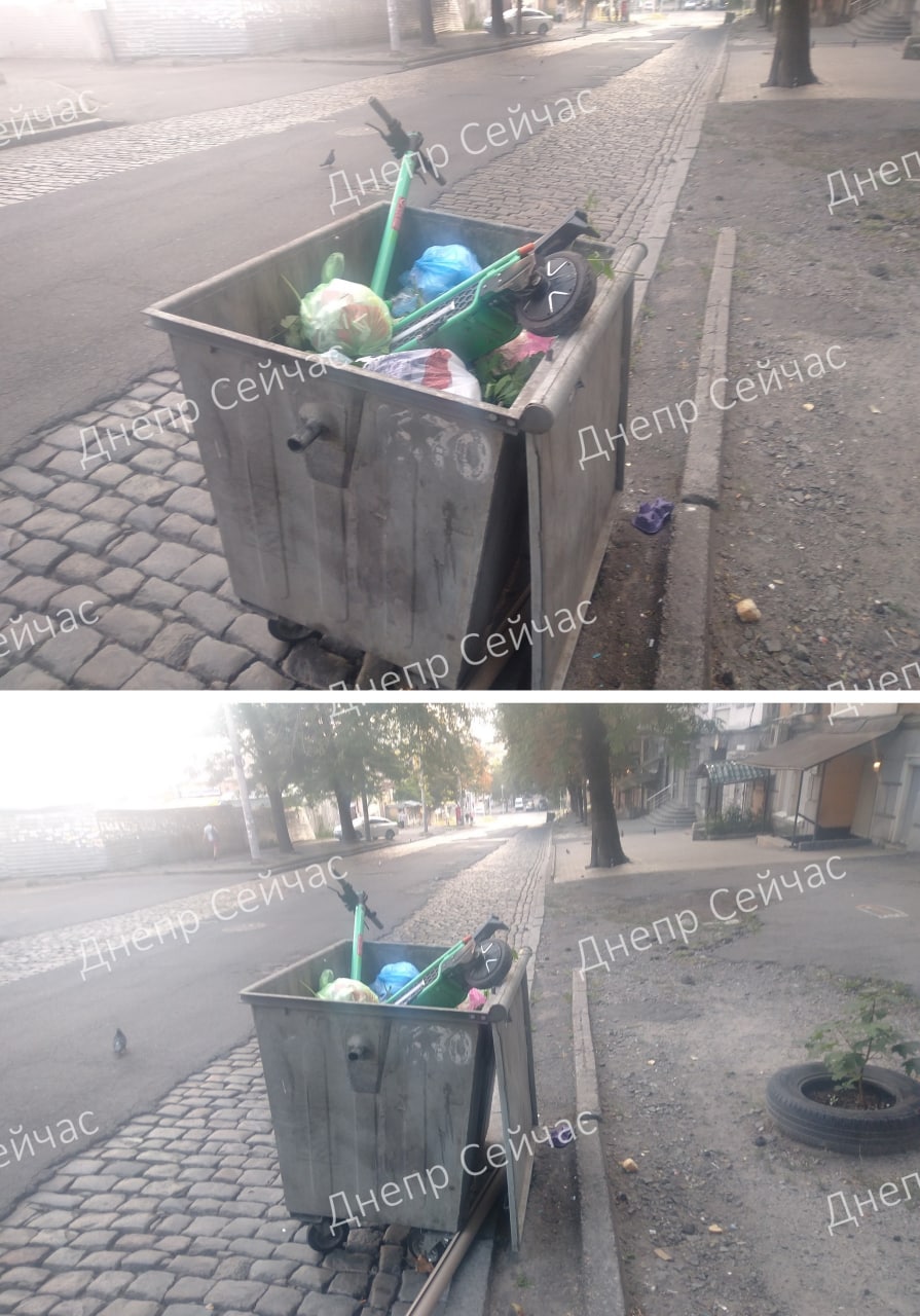 Электросамокат в мусорке на Грушевского/ фото: tg Днепр Сейчас