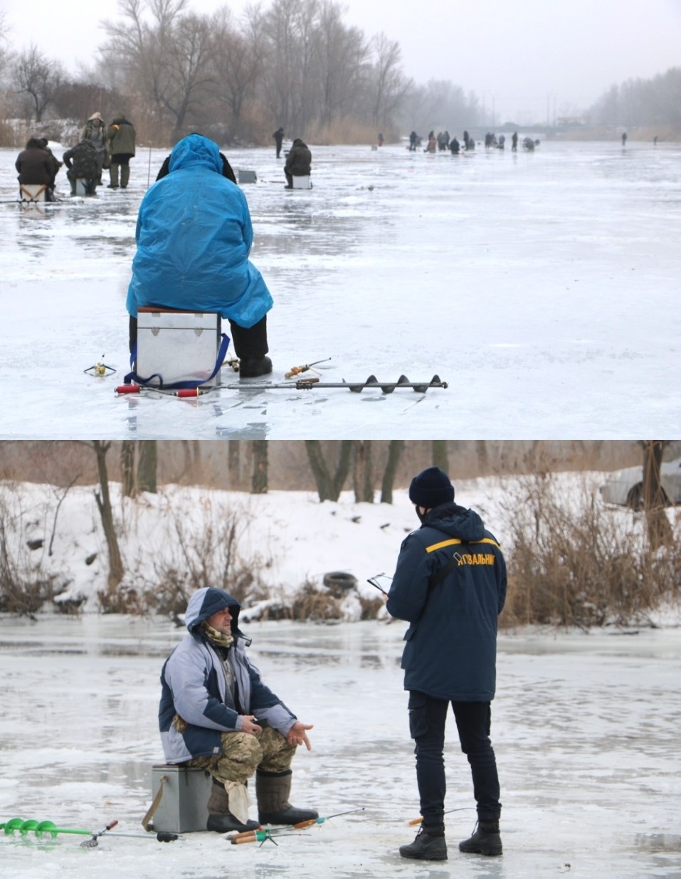Беседа спасателей с рыбалками/ фото: dp.dsns.gov.ua