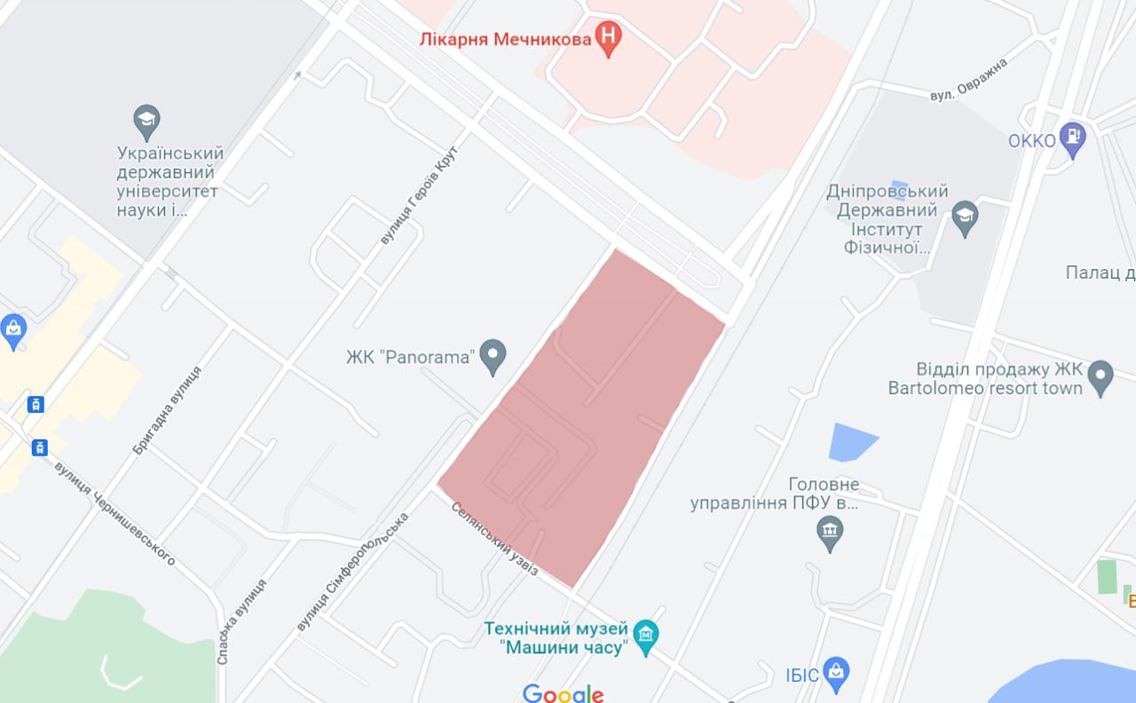В Днепре рассказали о планах застройки квартала в центре города - || фото: google.com.ua/maps