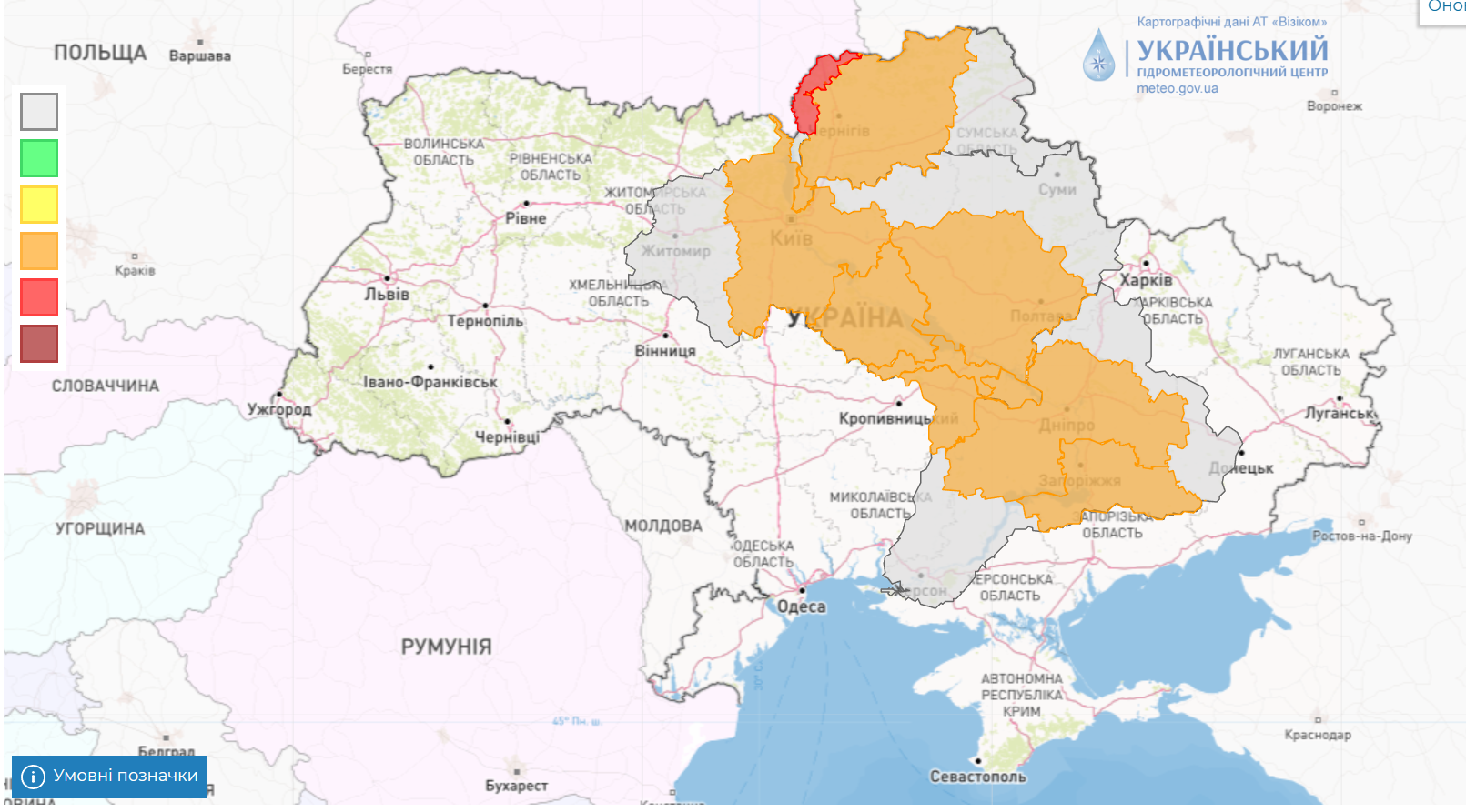 На карте обозначена территория, которую может подтопить – || фото: meteo.gov.ua