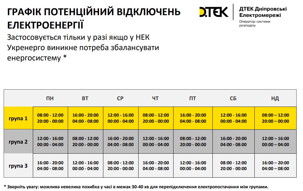 График отключения света Днепропетровской области - || фото: dtek-dnem.com.ua