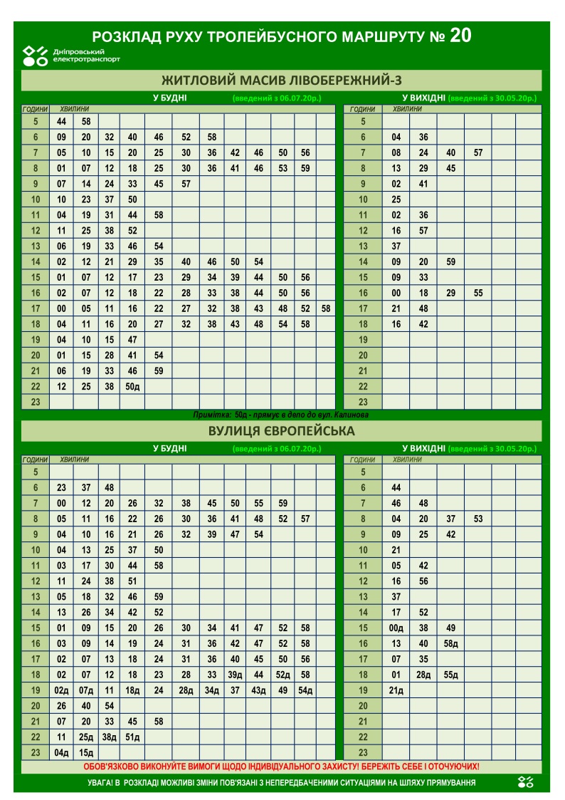 График движения троллейбуса №20 / фото: det.dp.ua