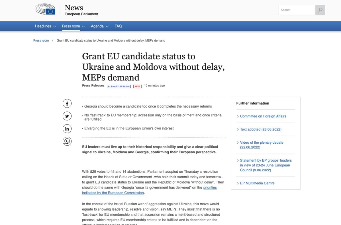 Європарламент ухвалив резолюцію про надання Україні статусу кандидата на вступ до ЄС.