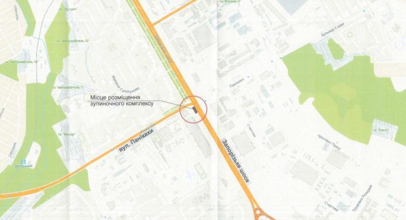 Расположение остановки на перекрестке проспекта Запорожского Шоссе и улицы Паникахи - фото: dniprorada.gov.ua