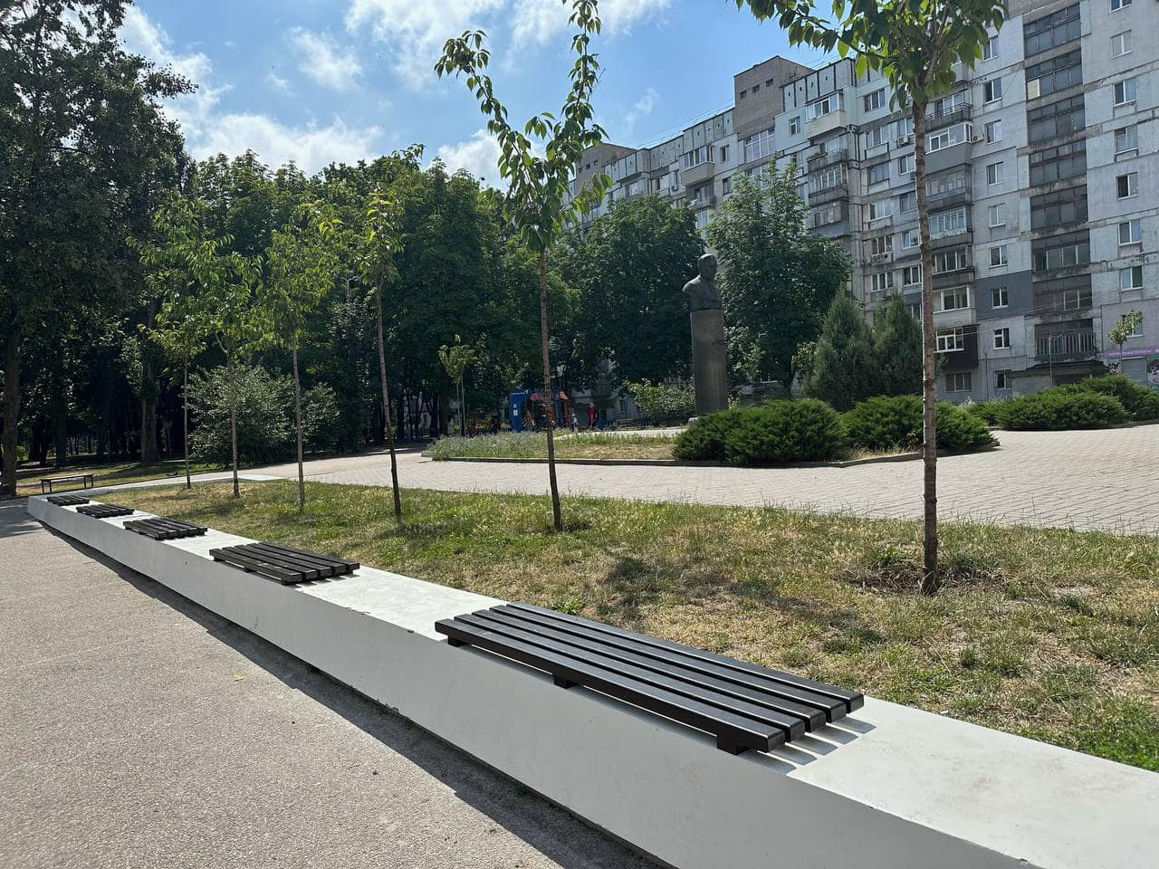 Лавочки в сквере Янгеля летом.