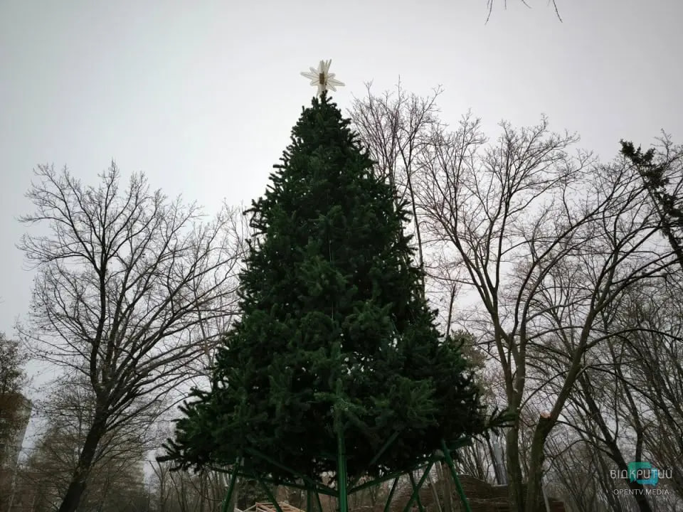 Заввишки понад 10 метрів: у Дніпрі встановлюють новорічну ялинку